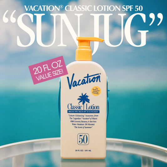 VACATION Classic Lotion SPF 50 front bottle for quick, even coverage outdoors.