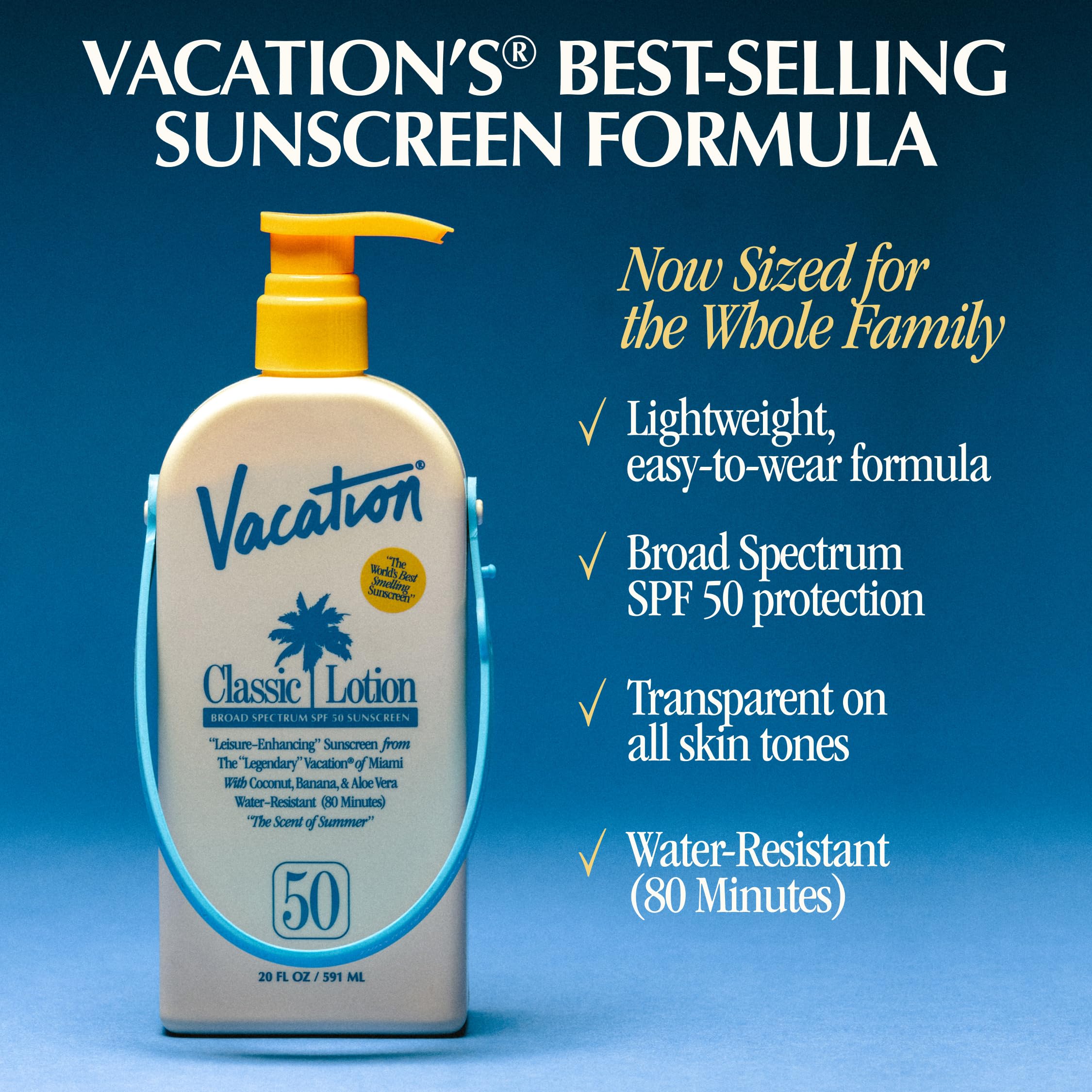 VACATION Classic Lotion SPF 50 texture close-up shows clear rub-in on all tones.