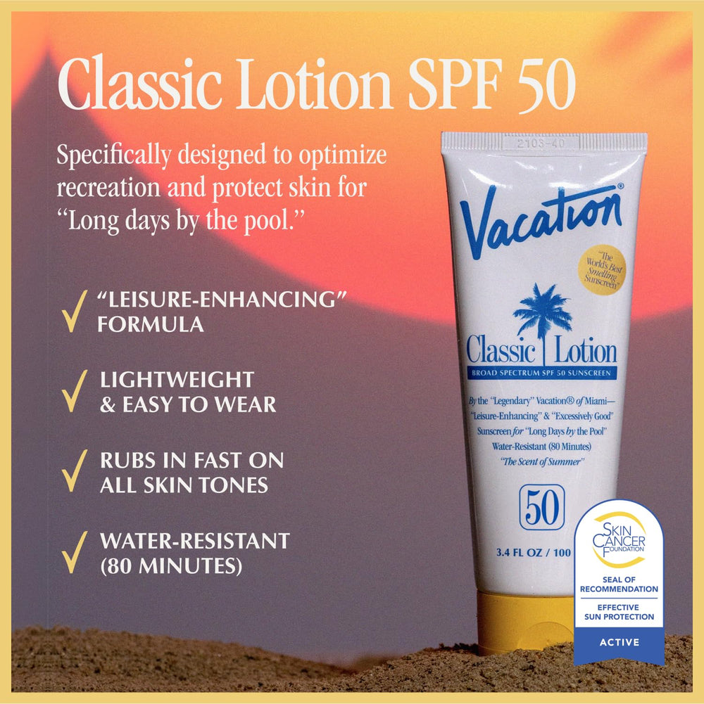 Vacation Classic Sunscreen Lotion invisible finish on all skin tones.