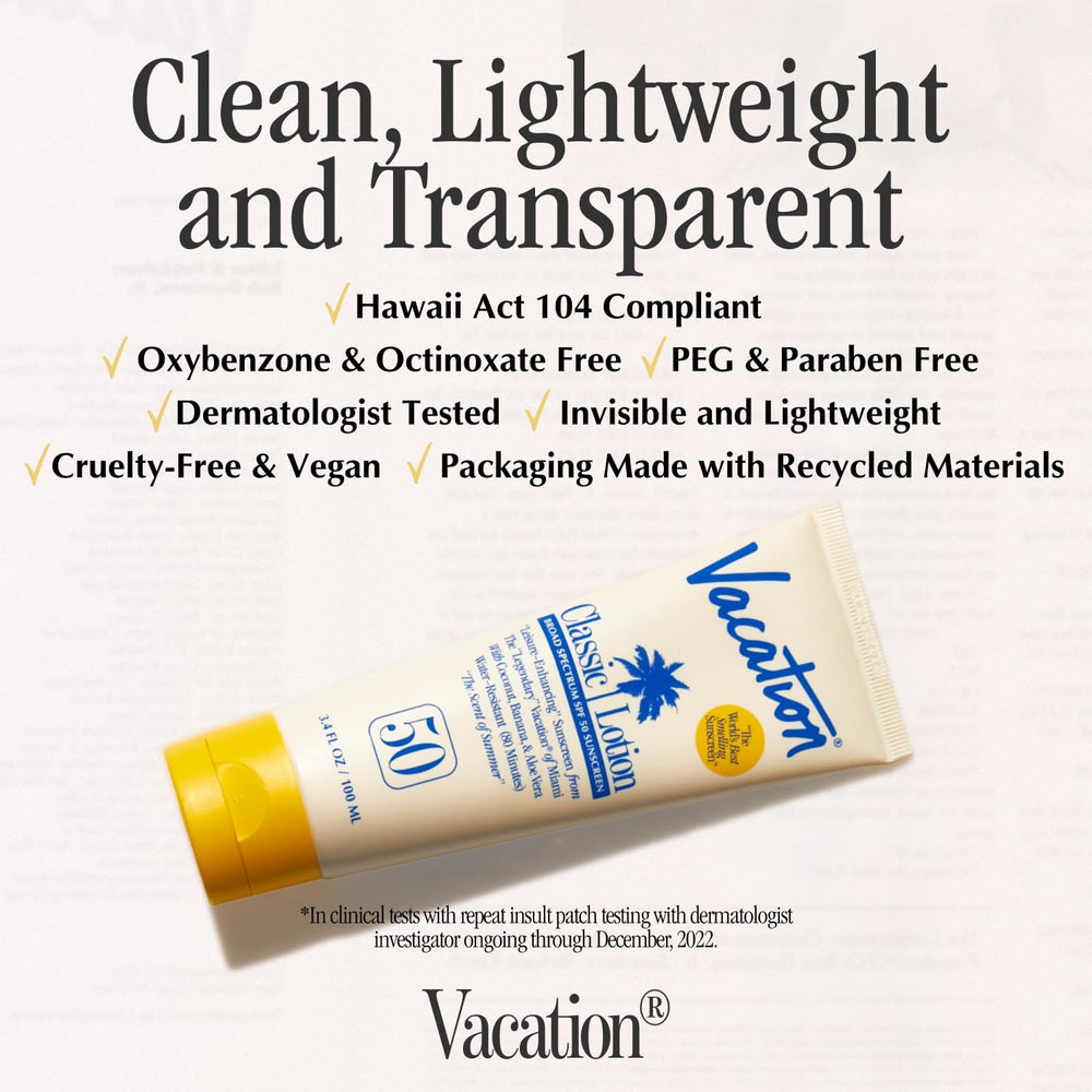 Vacation Classic Sunscreen Lotion water-resistant up to 80 minutes.