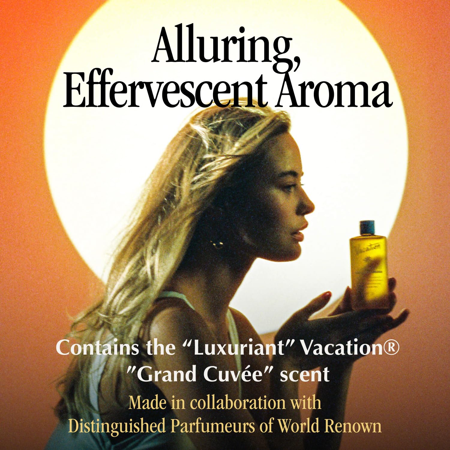 VACATION Grand Cuvée scent bottle conveys elegant fragrance for outdoor sun routines.