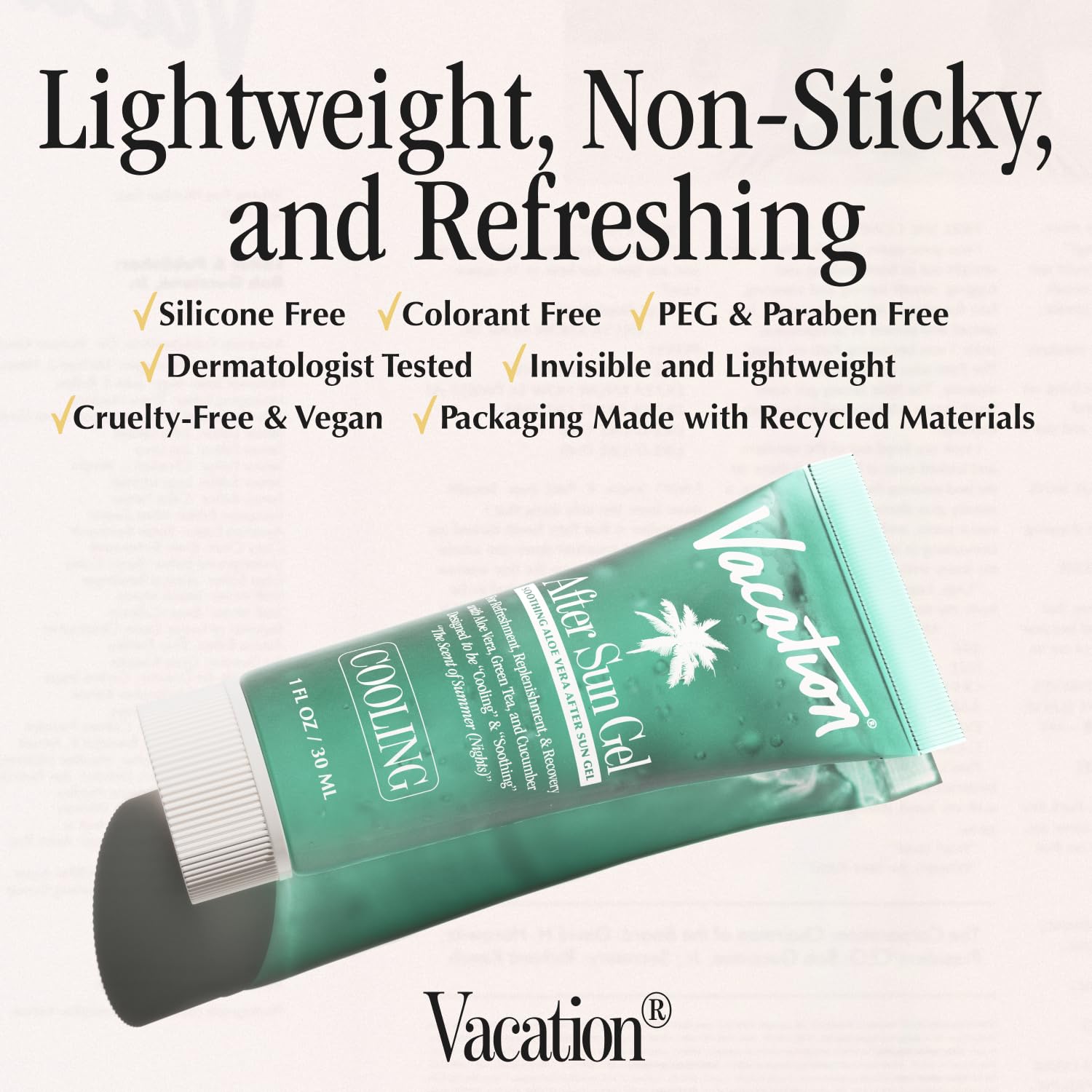 VACATION ingredients display Niacinamide Glycerin Prickly Pear for hydration