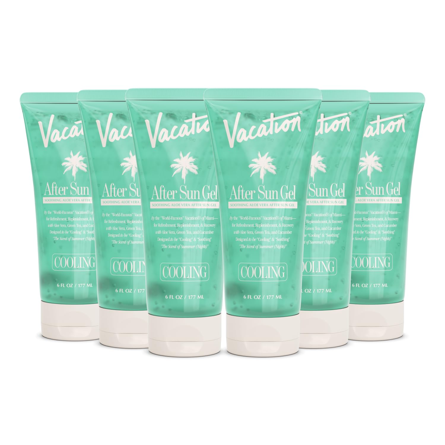 VACATION Mini After Sun Gel six-pack packaging for travel-friendly sun care