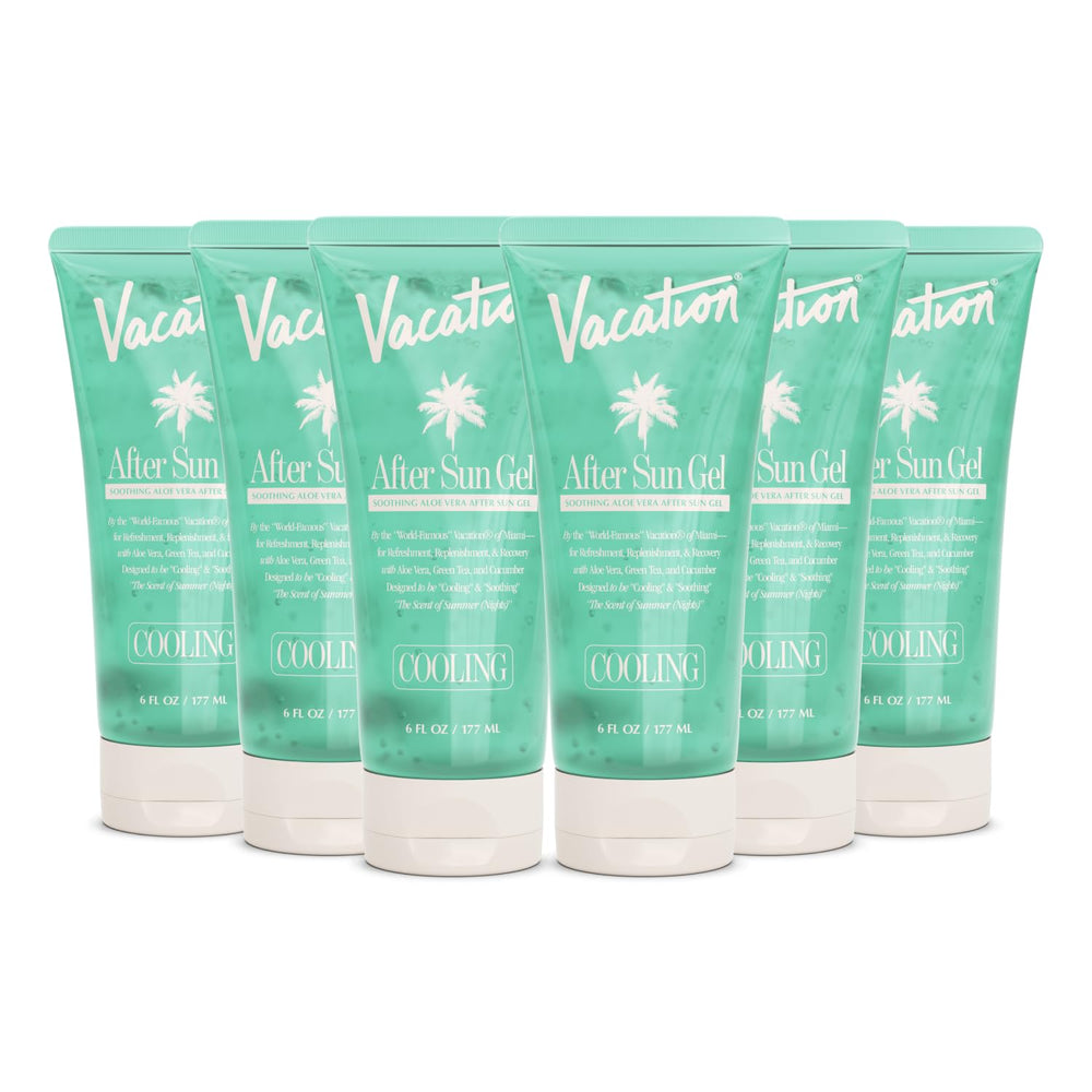 VACATION Mini After Sun Gel six-pack packaging for travel-friendly sun care