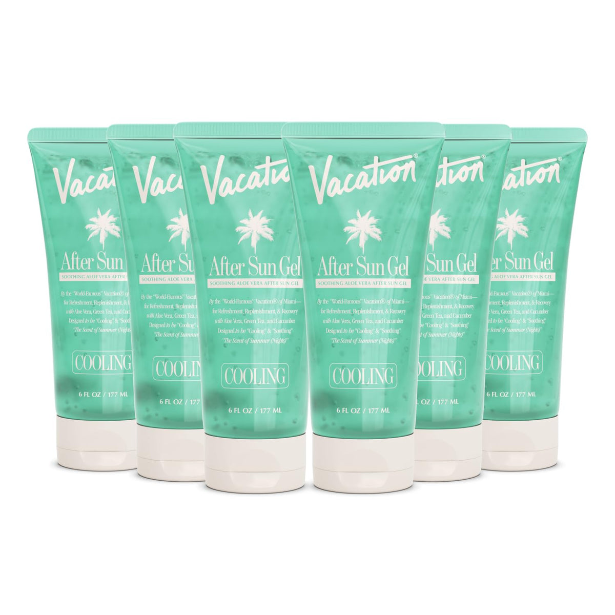VACATION Mini After Sun Gel six-pack packaging for travel-friendly sun care
