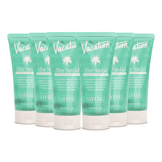 VACATION Mini After Sun Gel six-pack packaging for travel-friendly sun care