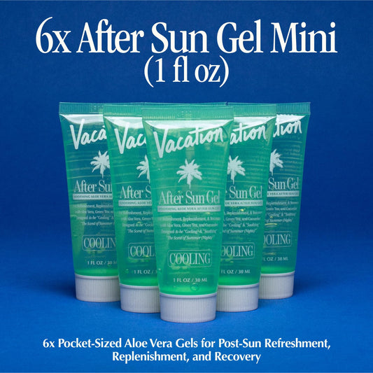 VACATION After Sun Gel bottle closeup highlighting travel size and clean formula