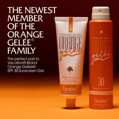 VACATION Orange Gelée sunscreen on skin shows transparent coverage with a subtle shine.