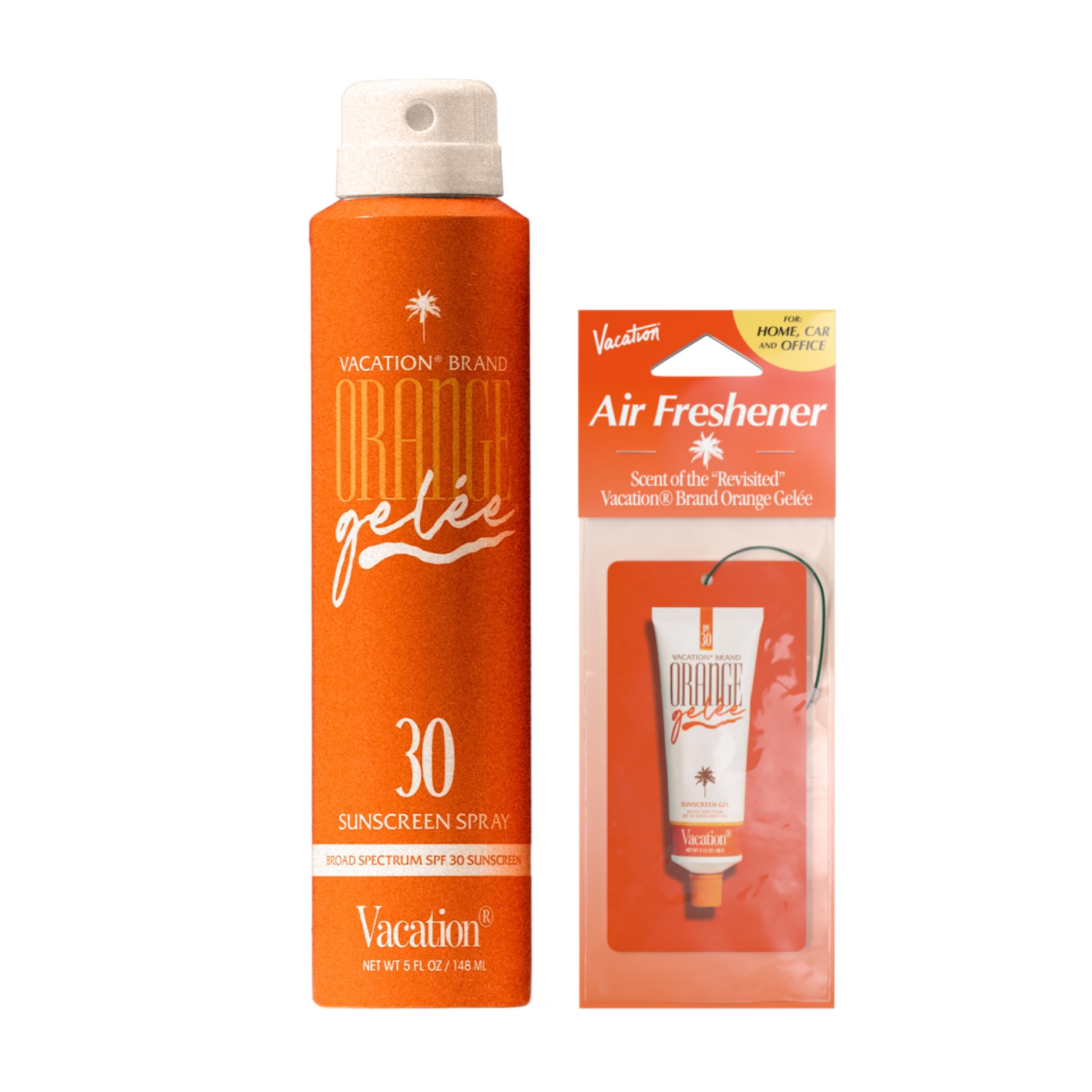 VACATION Orange Gelée sunscreen spray bottle with SPF 30 and clear, even coverage.
