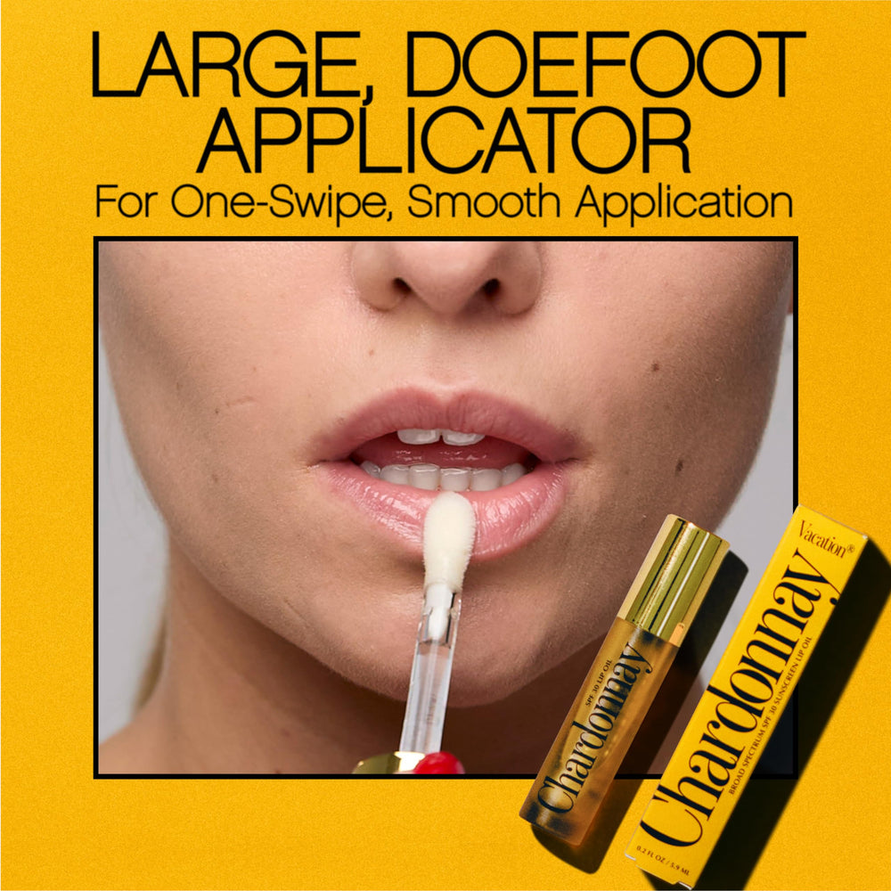 Vacation Chardonnay Lip Oil uses hyaluronic acid for plump moisture.