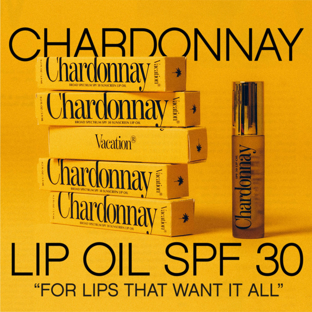 Vacation SPF 30 Chardonnay Lip Oil swatch shows buildable shine.