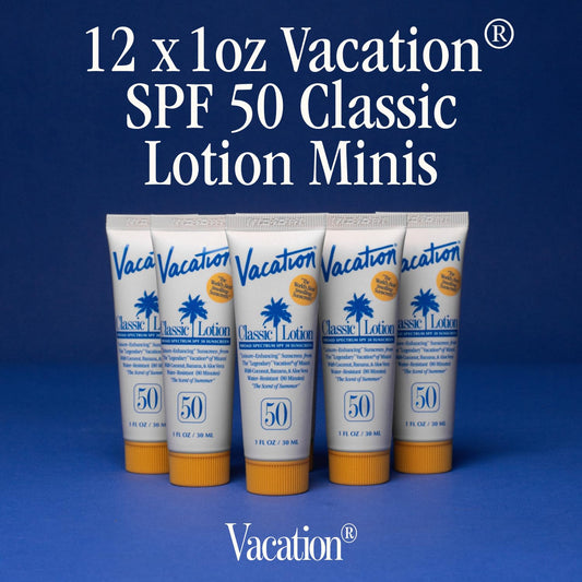 Vacation SPF50 mini sunscreens 12-pack for travel, beach, and party favors.