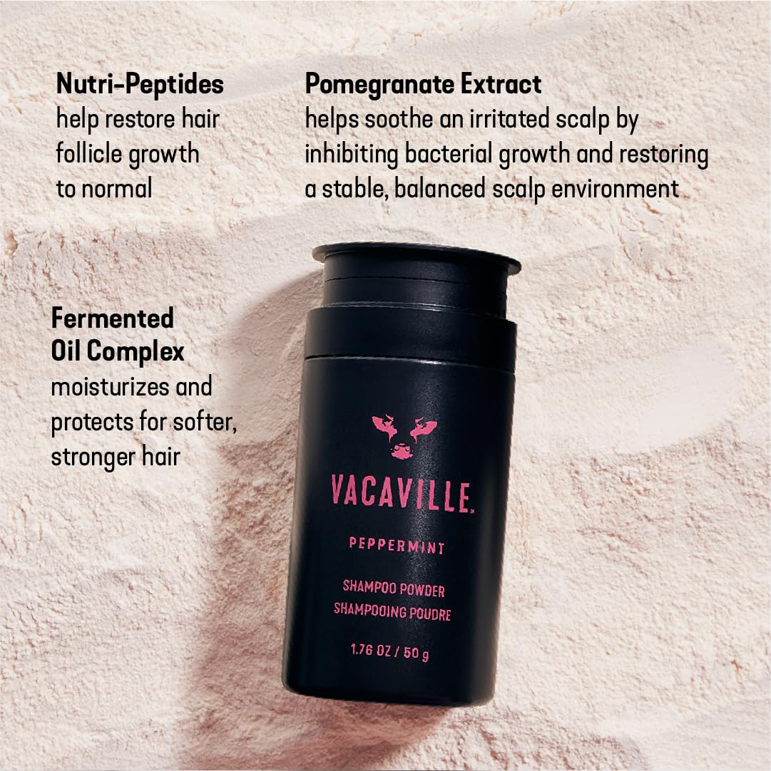 Vacaville Peppermint Powder Shampoo pomegranate extract balances scalp for comfort