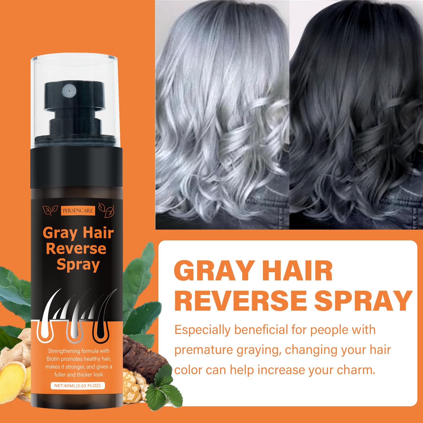 VAEYAE Gray Hair Spray applying on scalp, demonstrates gentle massage for absorption.