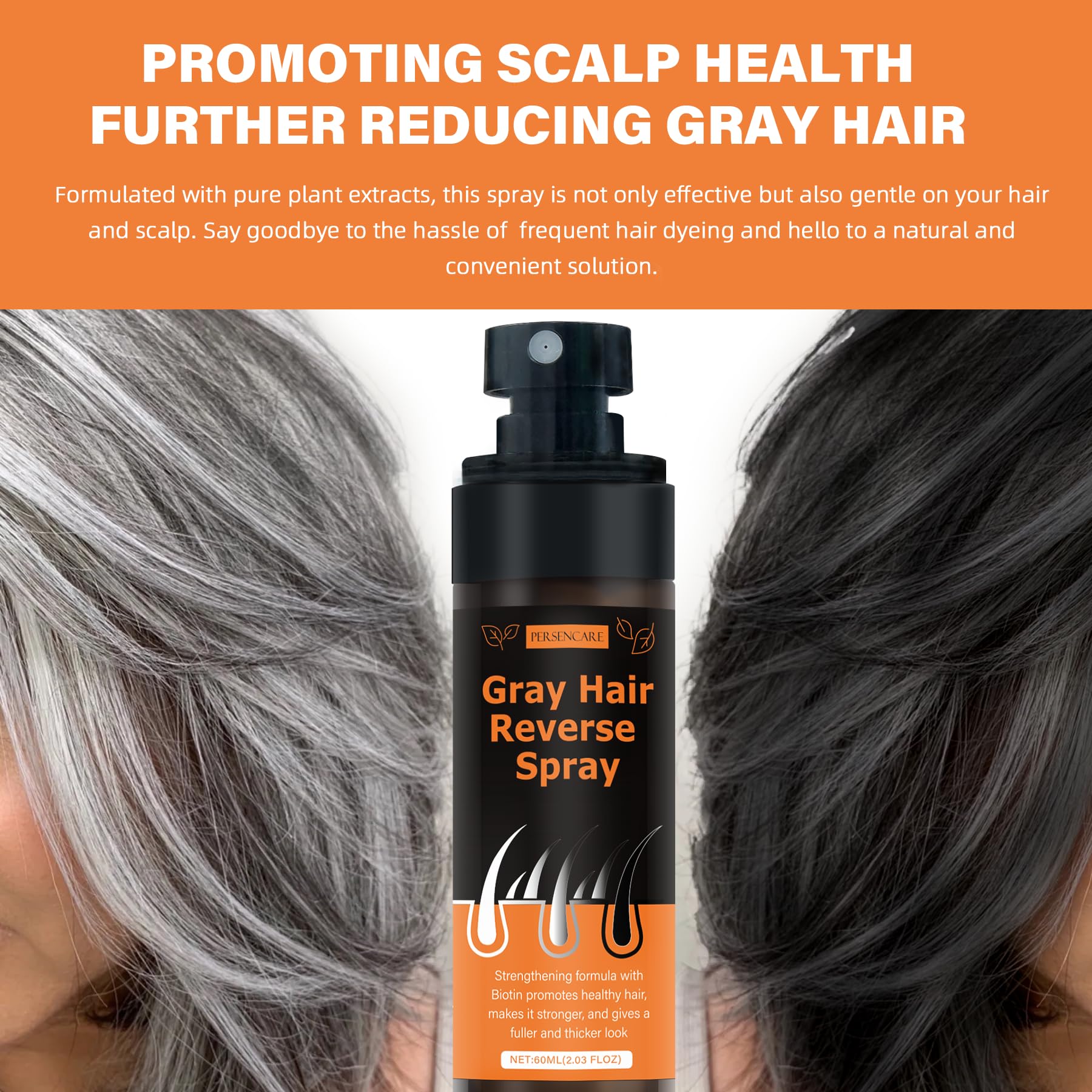 VAEYAE Gray Hair Spray scalp-massage clip, shows conditioning action at roots.
