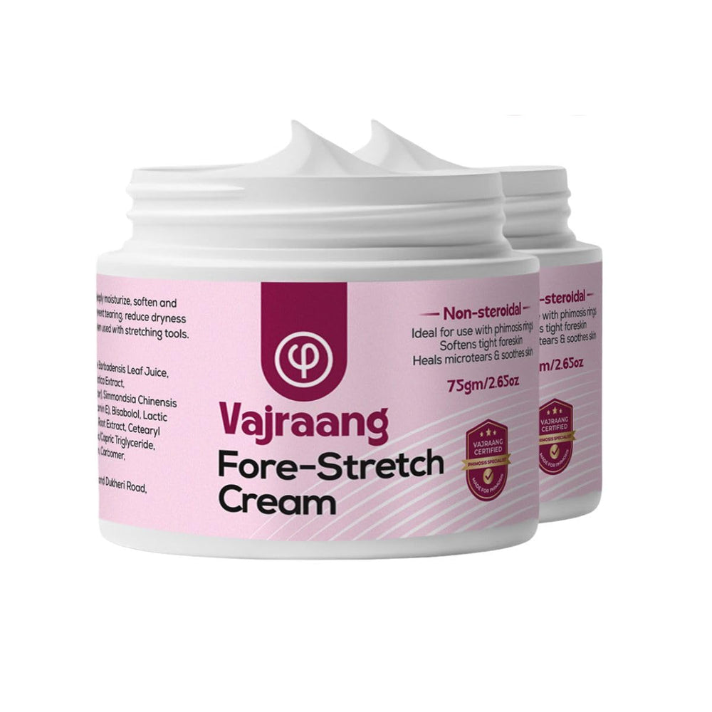 Vajraang Fore-stretch Cream packaging on a clean surface for easy daily use