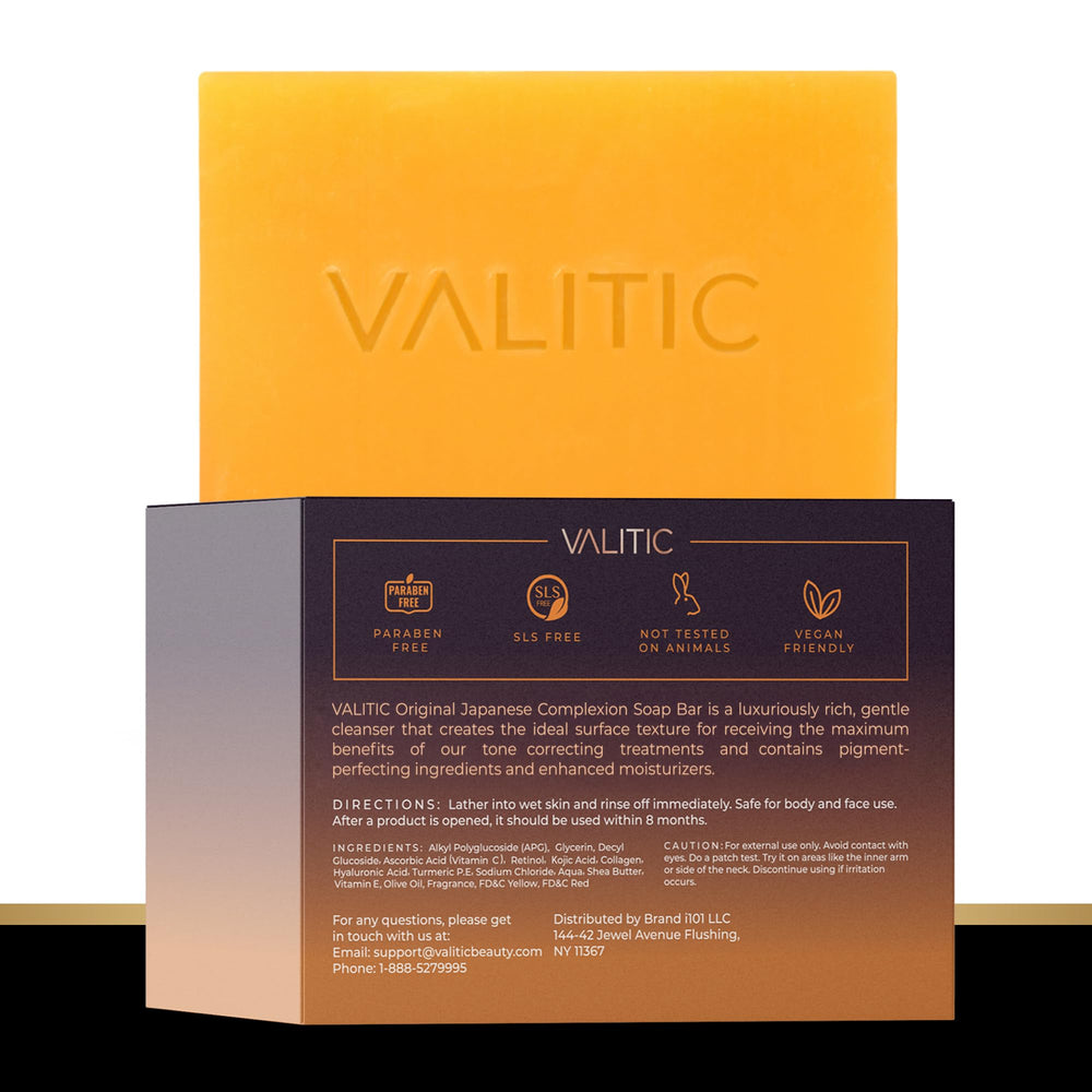 VALITIC Body scrub routine with two gloves and cleansing bars.