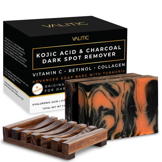 VALITIC charcoal kojic turmeric bar closeup shows cleansing action and texture