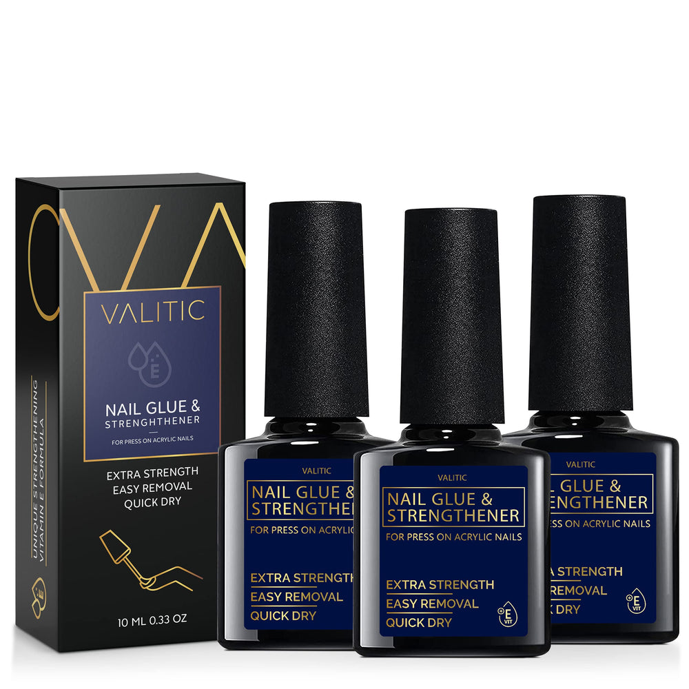 VALITIC strong nail glue bottle closeup showing durable adhesion for acrylic and press-on nails.