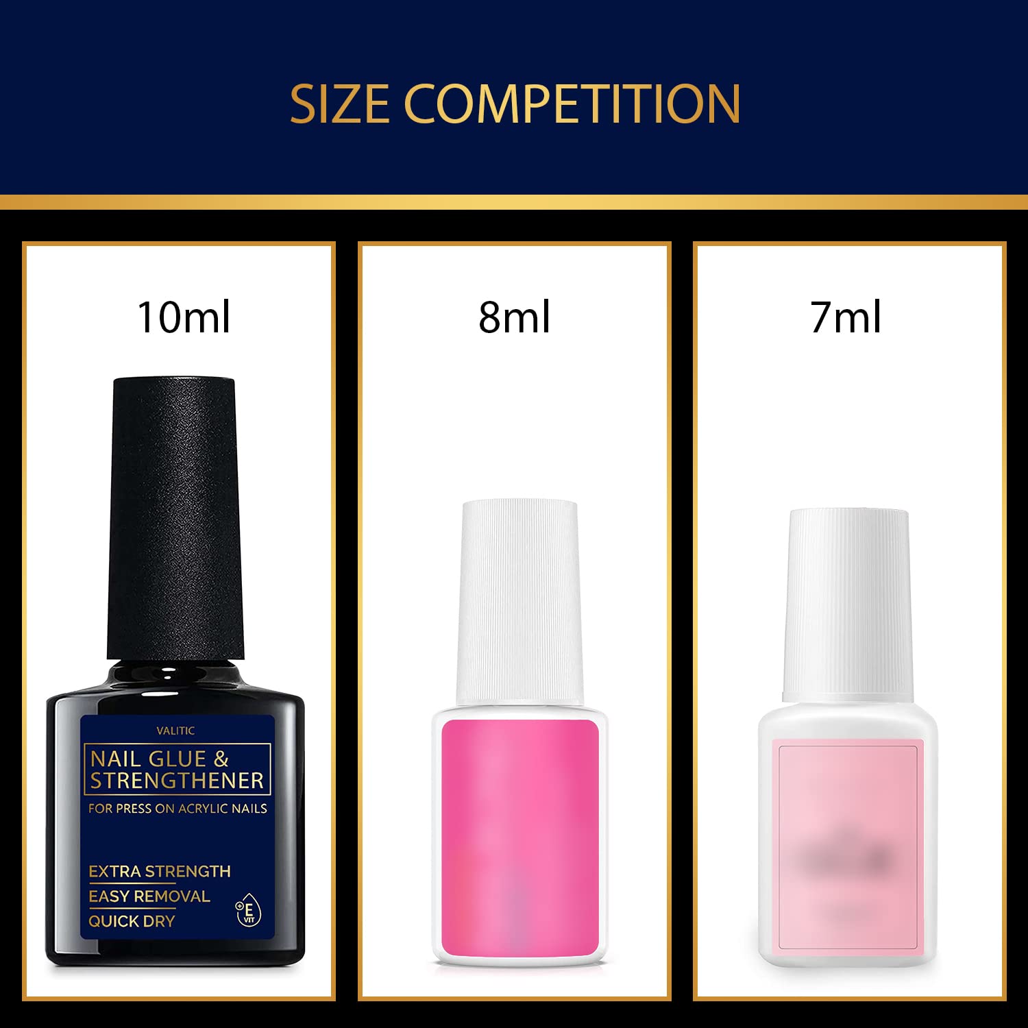 VALITIC vitamin E formula strengthens nails while bonding tips securely.