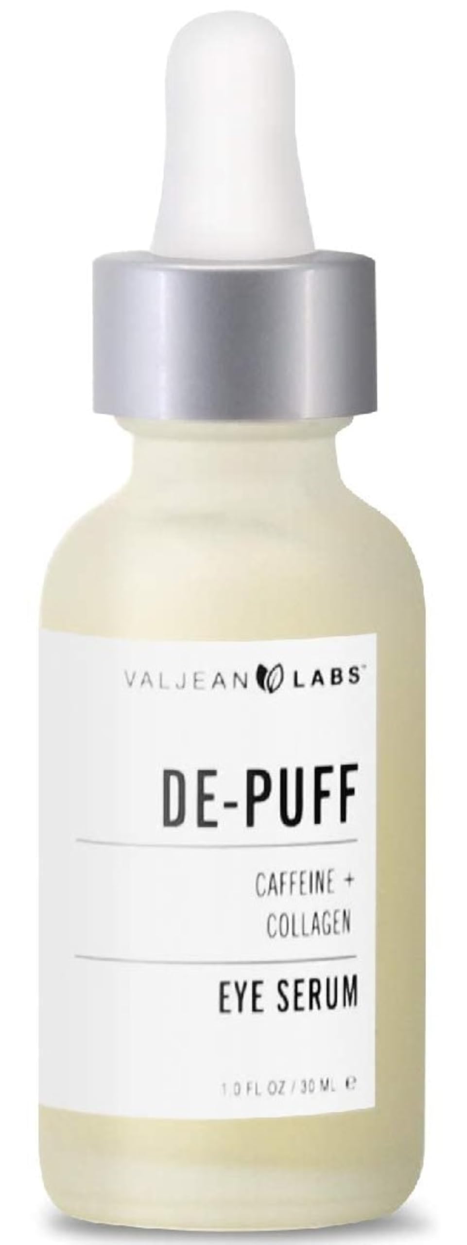 Valjean Labs DePuff Eye Serum bottle close-up for under-eye care.