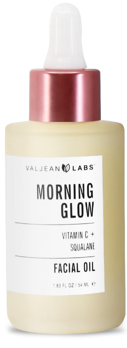 Valjean Labs Morning Glow Oil bottle showing brightening hydration for daily use.