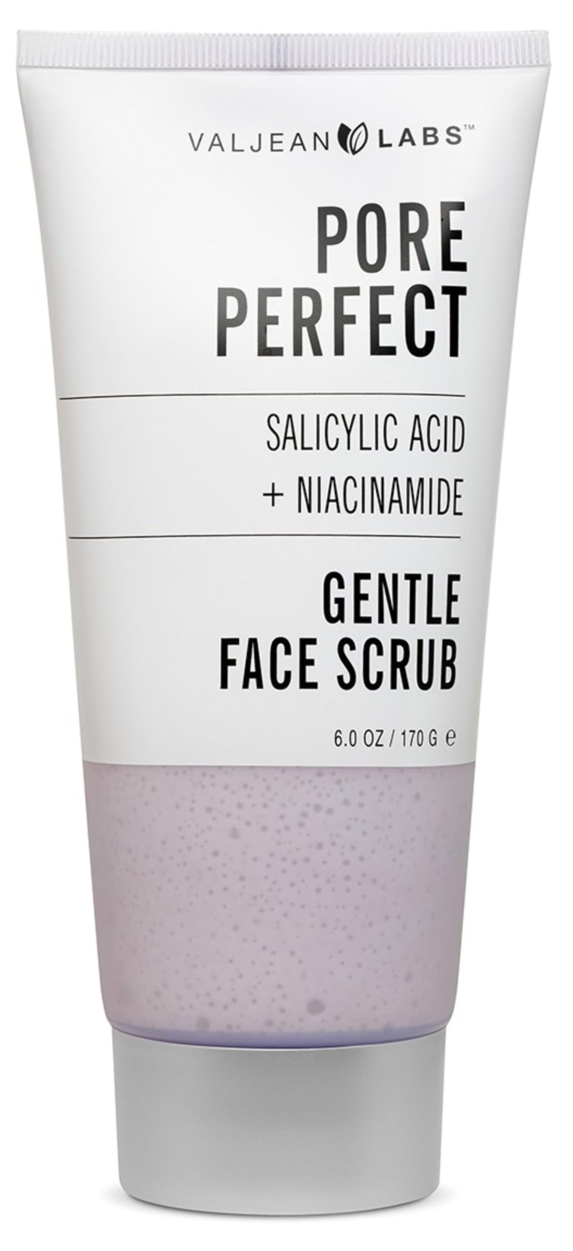 Valjean Labs Pore Perfect Face Scrub bottle demonstrates gentle exfoliation for refreshed skin.
