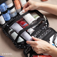 VANDEL makeup bag helps keep cosmetics organized during trips