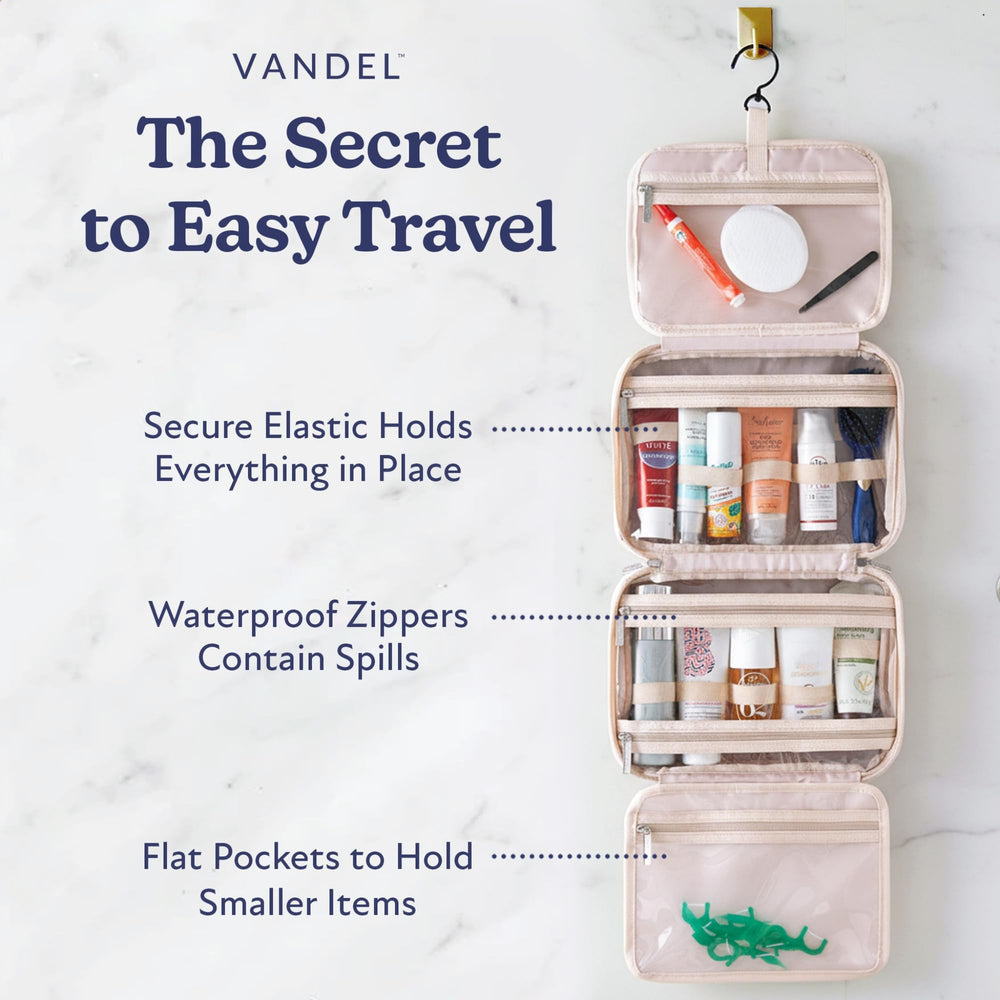 VANDEL four-compartment makeup bag for easy cosmetics access on trips.
