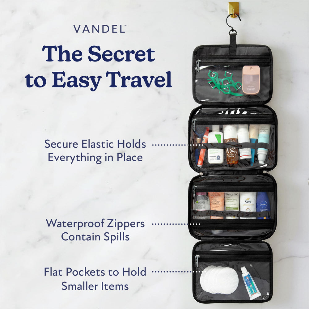 VANDEL travel makeup organizer fits full-size bottles for tidy packing.