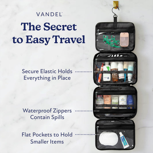 VANDEL travel makeup organizer fits full-size bottles for tidy packing.