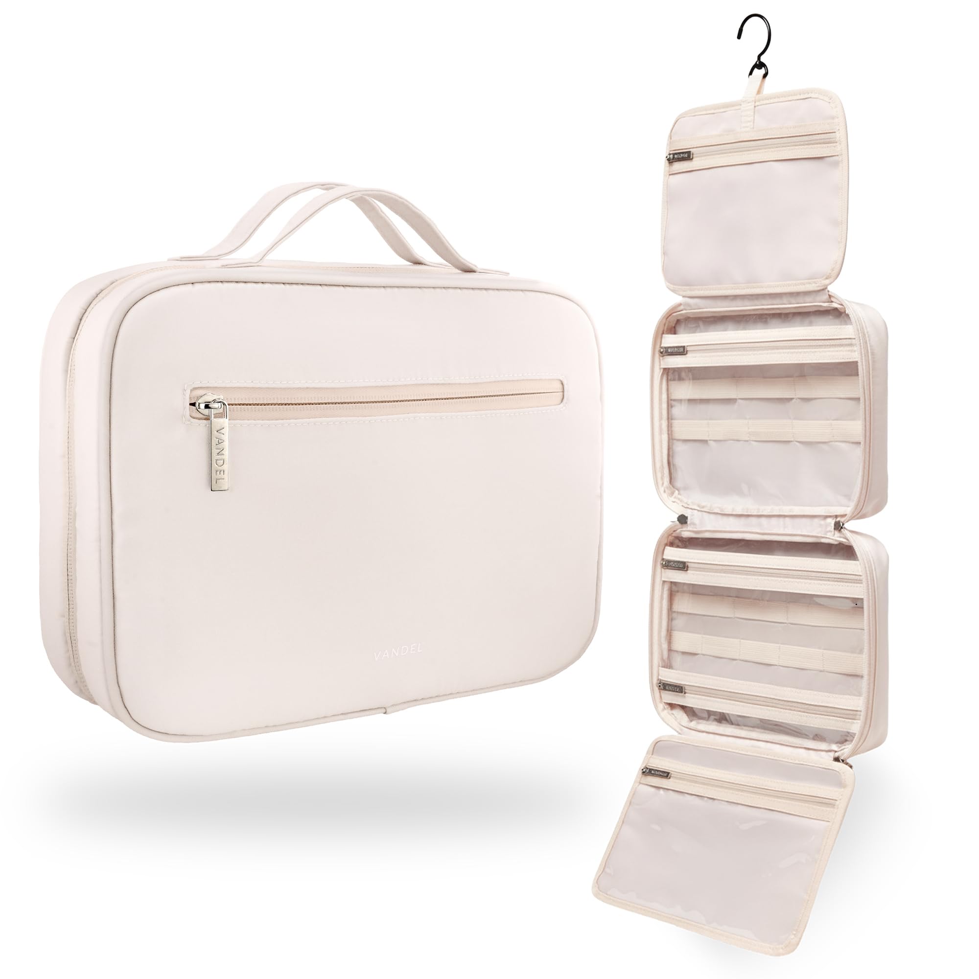 VANDEL waterproof hanging toiletry bag with four compartments keeps essentials organized.