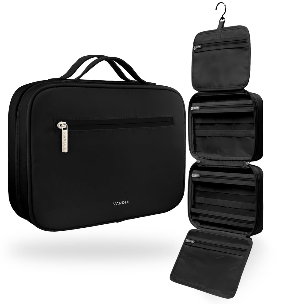 VANDEL waterproof hanging toiletry bag shows compact design for quick access while traveling.