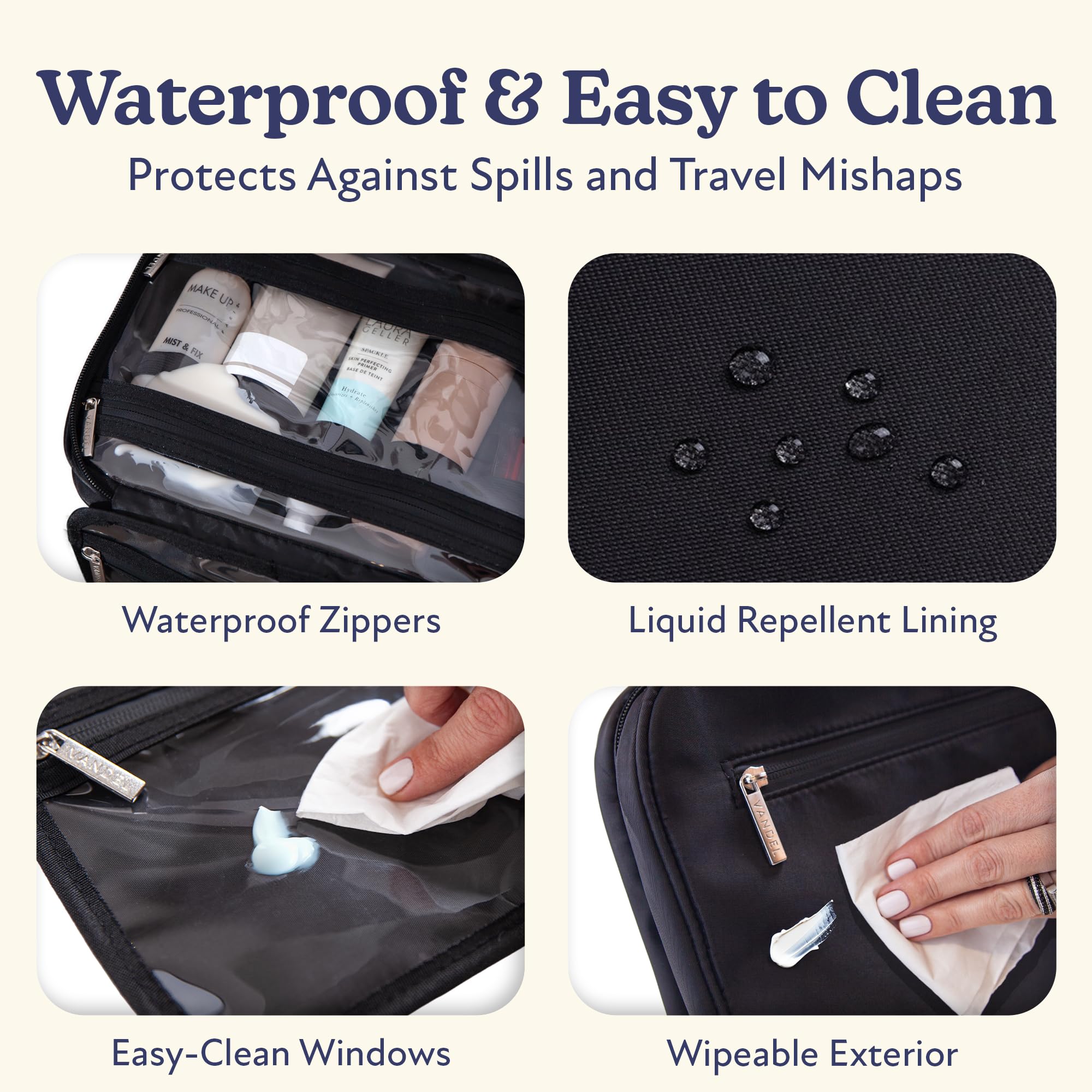 VANDEL waterproof zipper detail protects contents during travel.