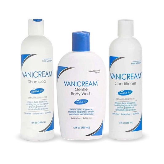Vanicream Free & Clear Shampoo bottle shown for sensitive skin and gentle cleansing.