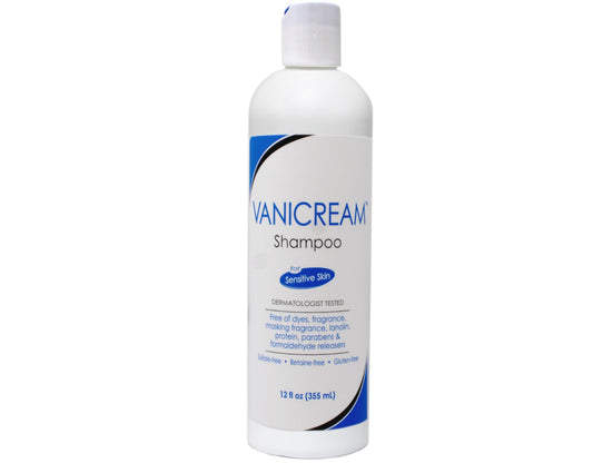 Close-up of Vanicream Shampoo label showing fragrance-free, dye-free formula for sensitive scalps.