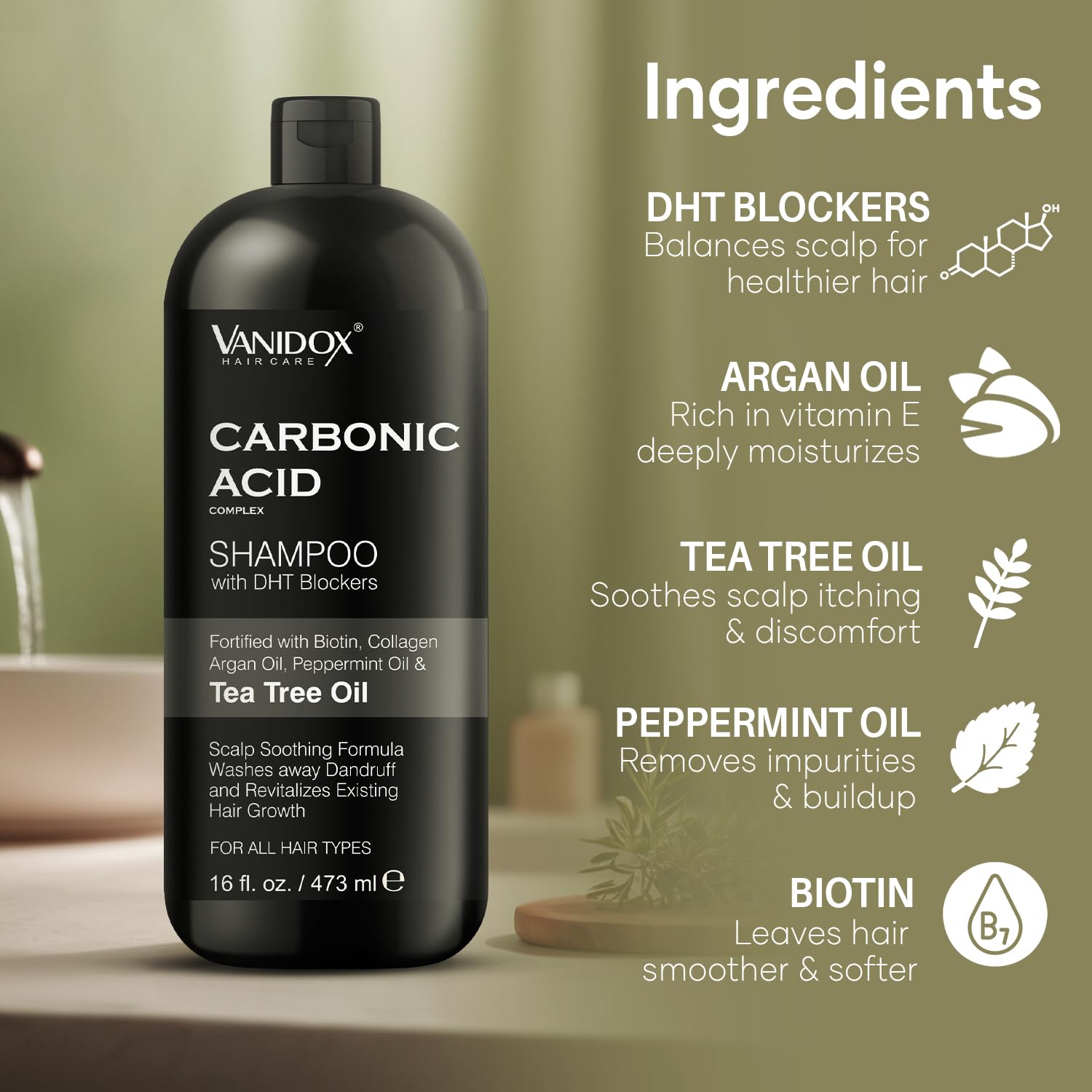VANIDOX formula with argan, coconut, avocado oils supports fuller-looking hair.