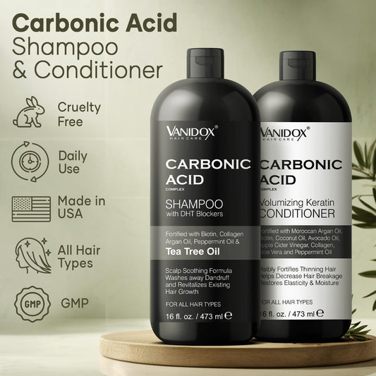 VANIDOX carbonic acid conditioner bottle front supports moisture and fuller-looking hair.