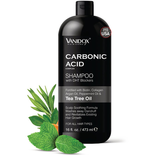 VANIDOX carbonic acid shampoo bottle on shelf promotes scalp hydration.