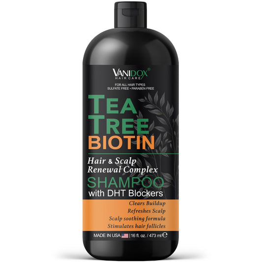 VANIDOX Tea Tree Shampoo bottle for refreshing scalp cleansing.
