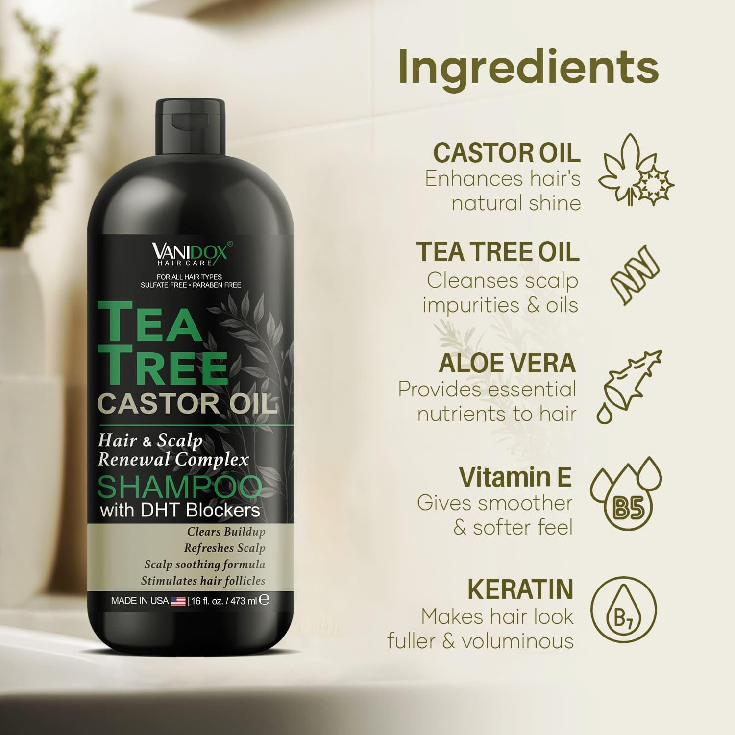 Vanidox Tea Tree Oil Shampoo includes tea tree and castor oil ingredients.
