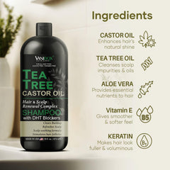 Vanidox Tea Tree Oil Shampoo includes tea tree and castor oil ingredients.