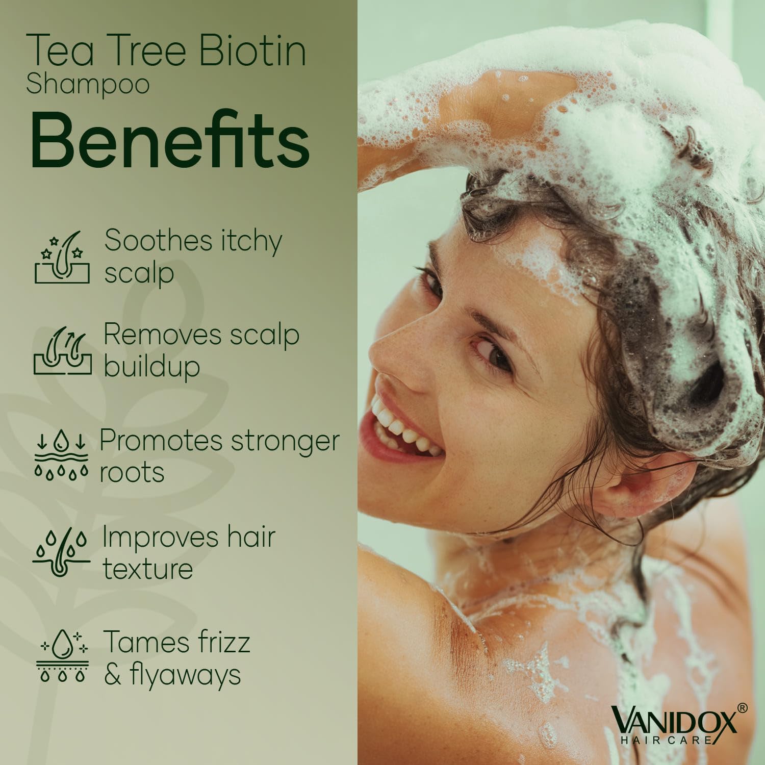 VANIDOX Tea Tree Shampoo lather close-up shows natural ingredients nourishing hair.