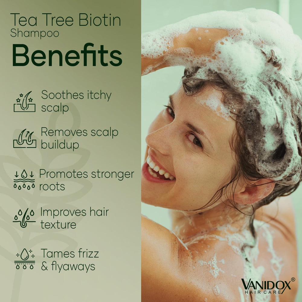 VANIDOX Tea Tree Shampoo lather close-up shows natural ingredients nourishing hair.