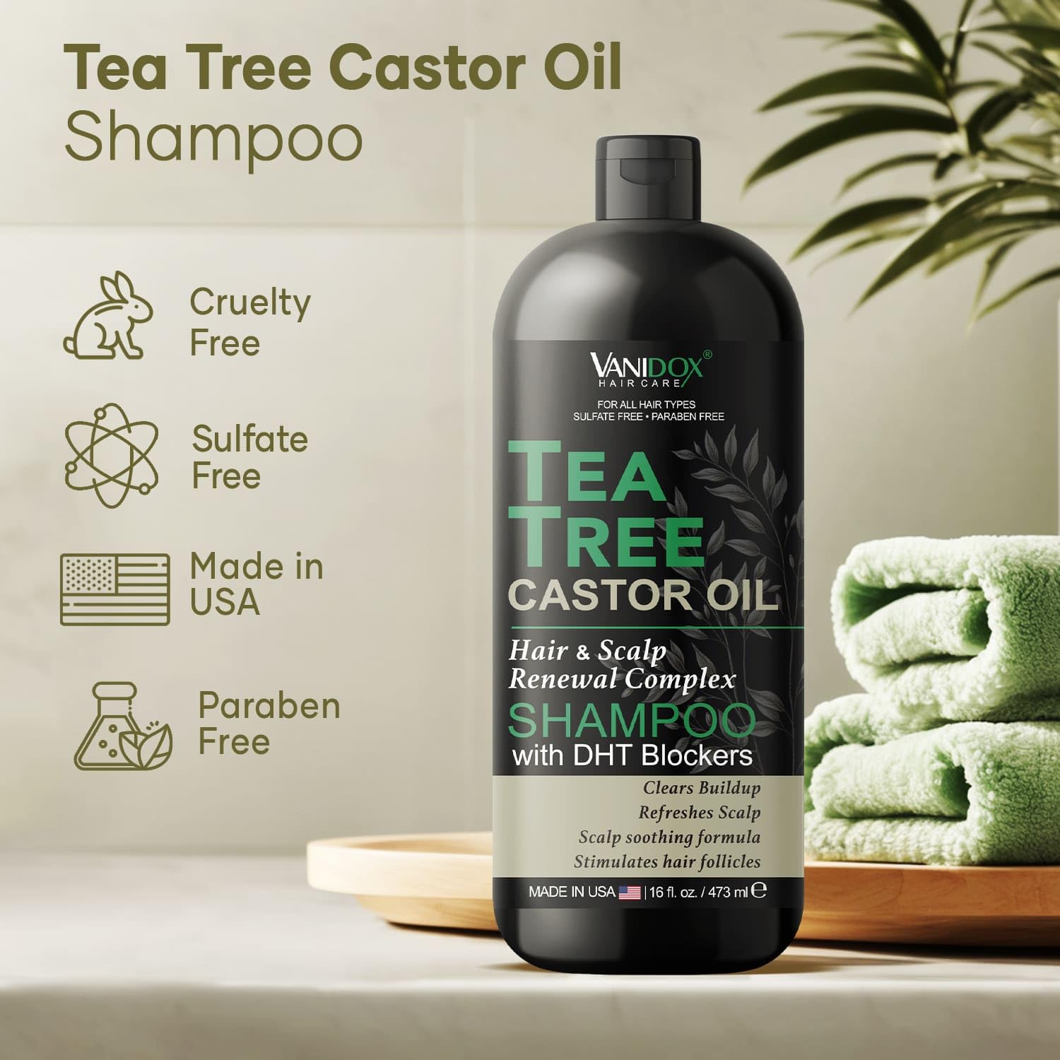 Vanidox Tea Tree Oil Shampoo pump-action bottle for controlled dispensing.