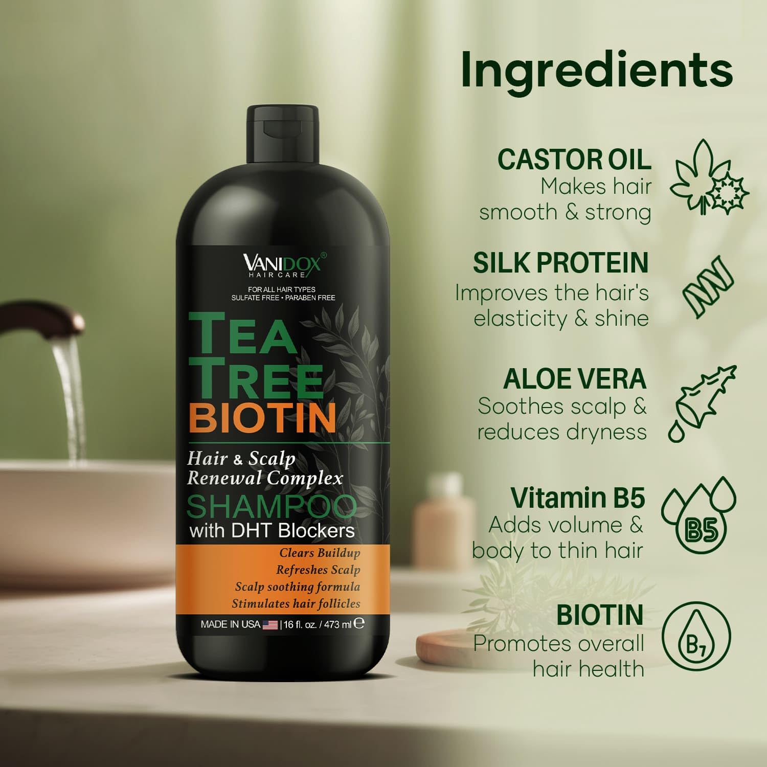 VANIDOX scalp close-up highlights soothing properties for irritated scalp.