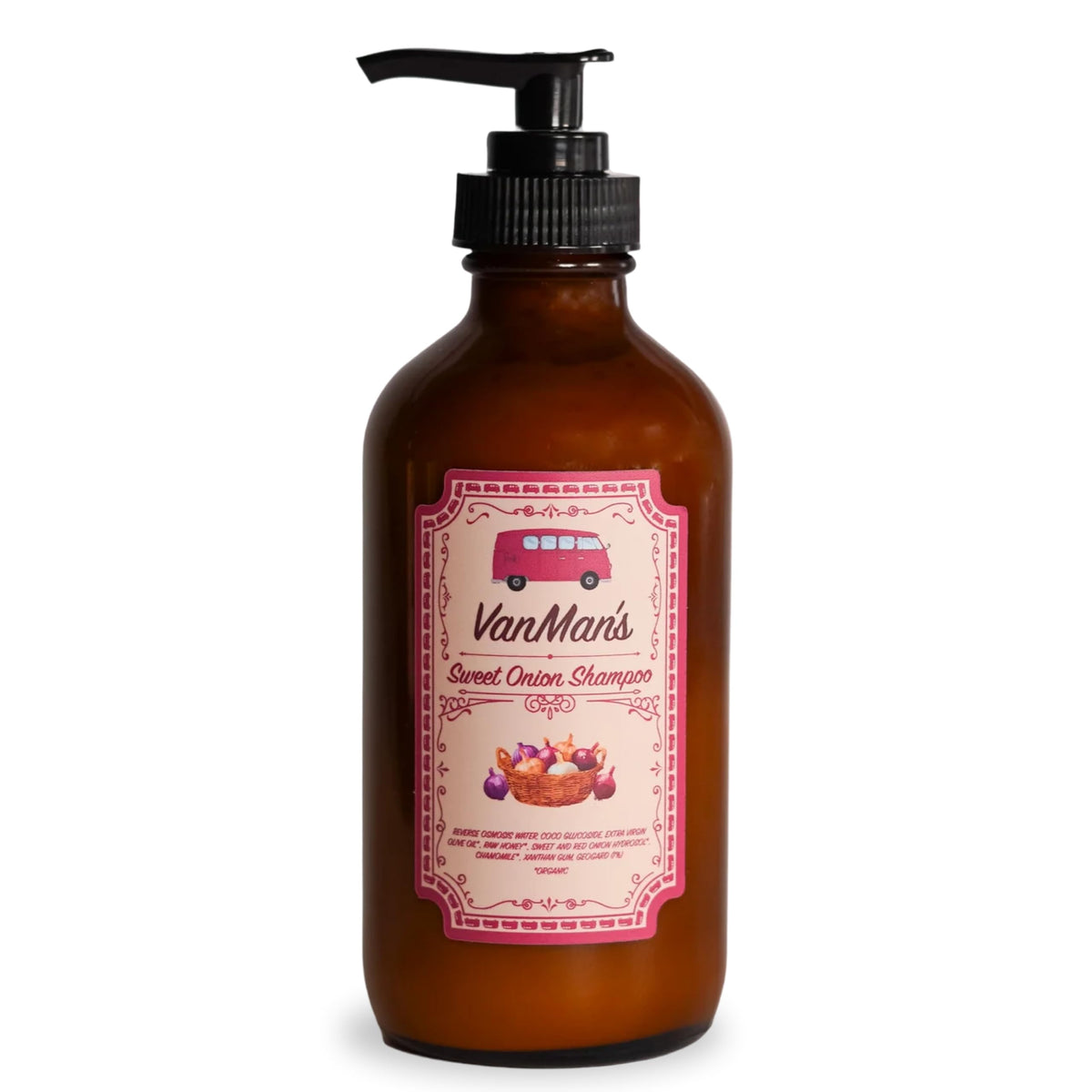 VanMan Sweet Onion Shampoo bottle in glass for gentle cleansing across hair types.