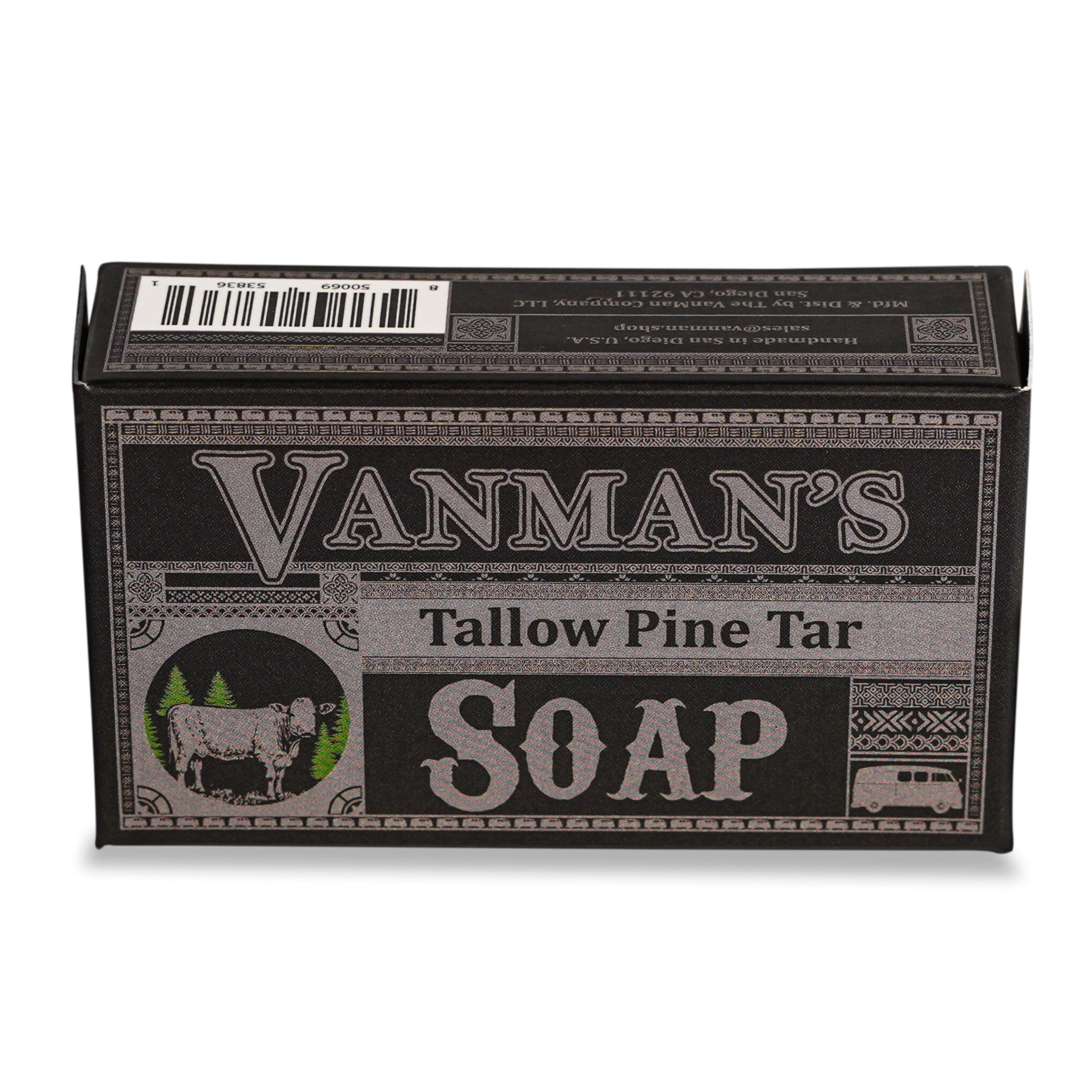 The VanMan soap bar packaging shows brand and grass-fed tallow for a smooth cleanse