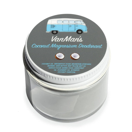 VanMan's coconut magnesium deodorant jar seen up close for long-lasting odor control.