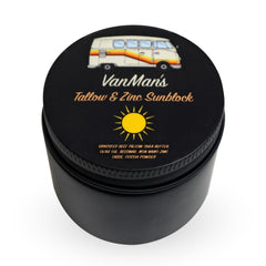 Vanman's zinc and tallow sunscreen bottle close-up demonstrating mineral protection for face and body